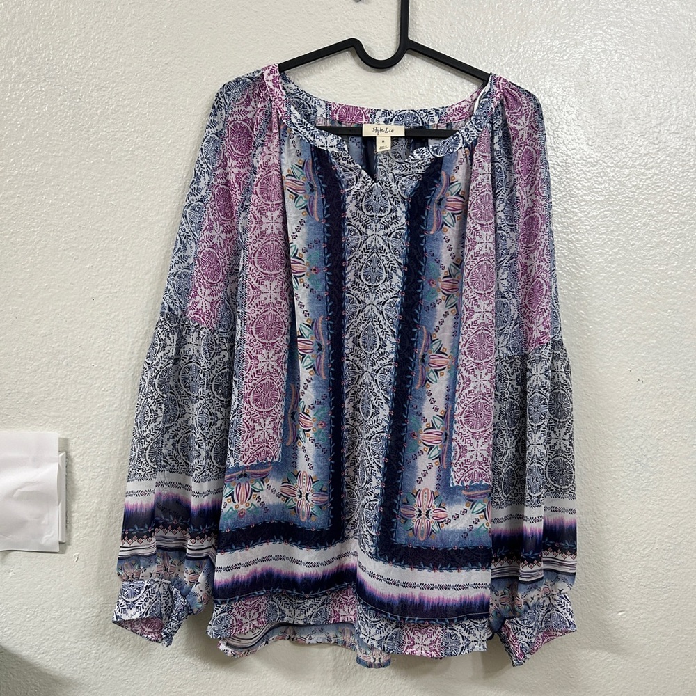STYLE & CO Top Women's Size M Blue Pleated Blouse Shirt